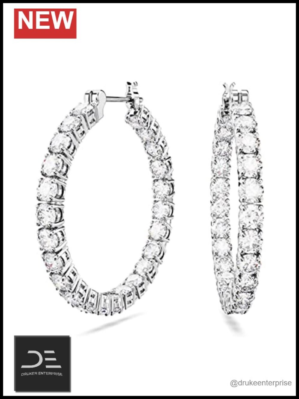 Swarovski Matrix Cubic Zirconia Rhodium Hoop Earrings Prong Set 1.18 Inch